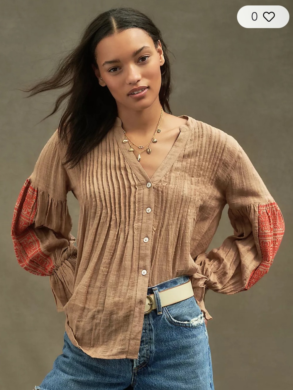 Twelve Twelve Brand 100% Cotton Button-Front Blouse with Red Embroidered Sleeves
